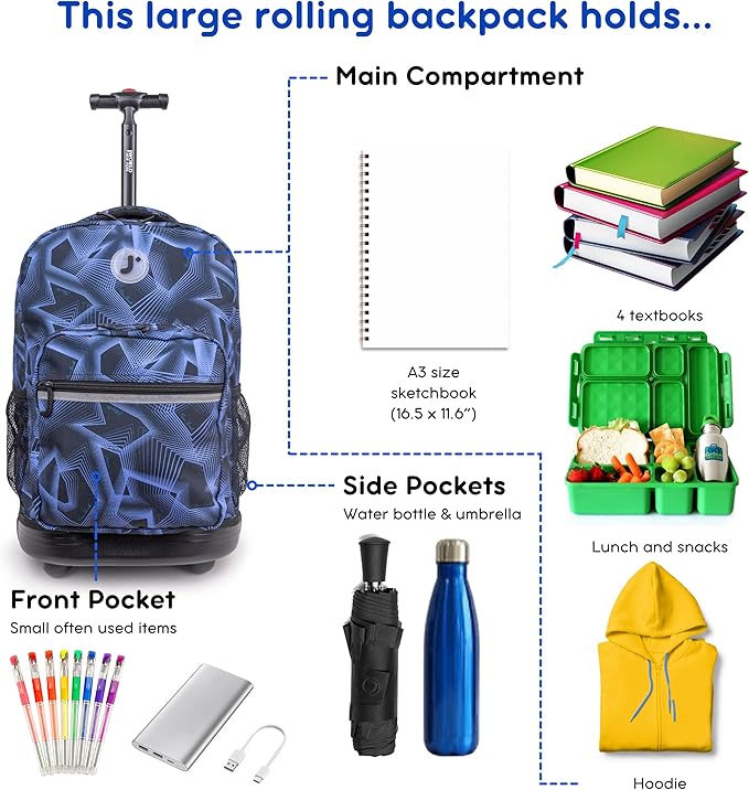 J World Sunrise Kids Rolling Backpack for Girls Boys. Roller Bookbag With Wheels For School, Disco