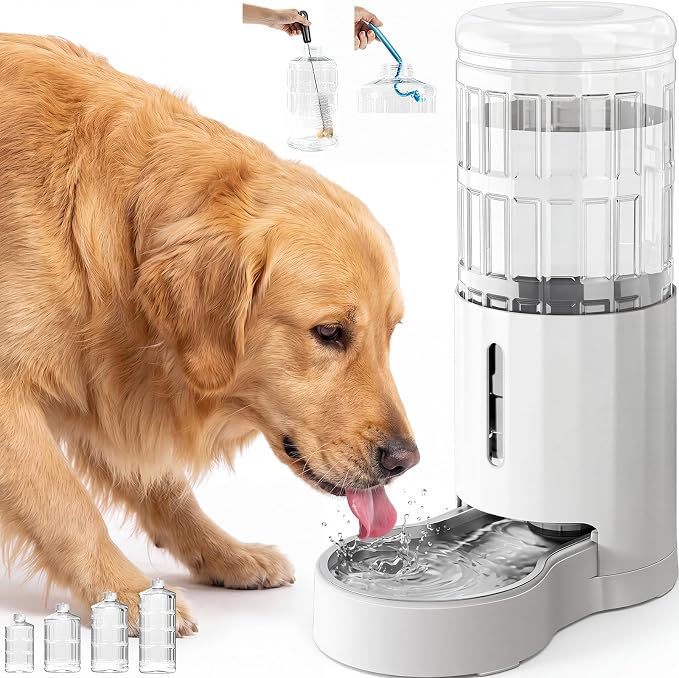 CZPET Dog Water Bowl Dispenser 9.5L, Wider Mouth & Upgraded Brush, Easy Cleaning Automatic Cat Gravity Refilling Waterer with Removable Stainless Steel Bowl, Large Drinking Area for Multi-Pet (White)