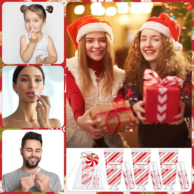 144 Pcs Lip Balm Hand Cream Set Party Favors, Include 36 Lip Balm 36 Moisturizing Hand Cream 36 Bags 36 Cards and Ropes for Accessories Gifts(Red,Christmas)