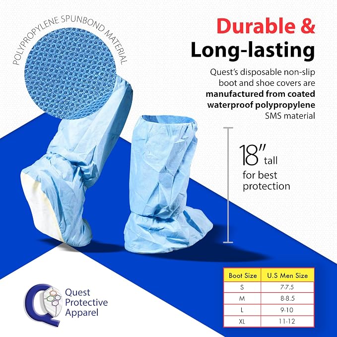 Quest Traction Disposable Boot & Shoe Covers 18" Tall – Non-Slip, Water-Resistant Protective Overshoes, Blue, X-Large, 50 Pairs for Cleanroom, Medical & Industrial Use
