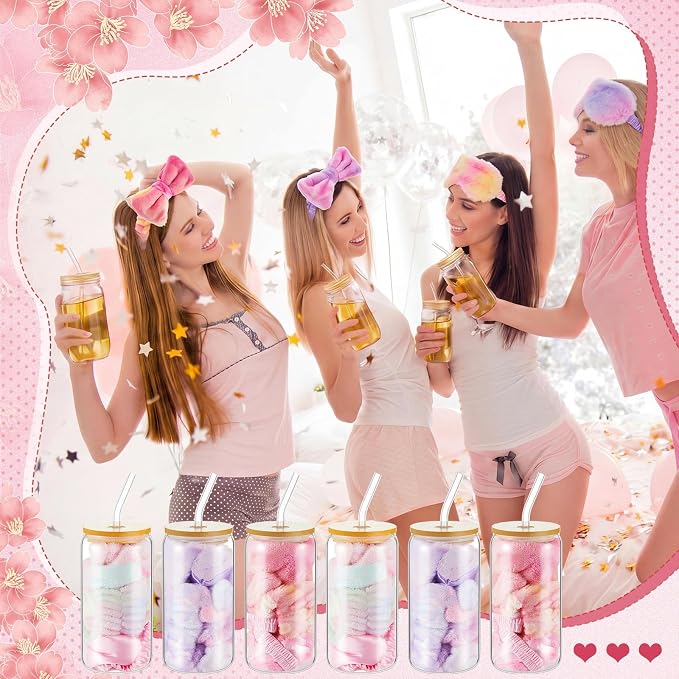 37 Pcs Spa Sleepover Party Supplies for Girls, 6 Set Pink Tie Dye Spa Party Favors, Include Cups, Hairbands, Eye Mask, Headband, Brush, Tote Bags with Ribbon for Sleepover Birthday Favors