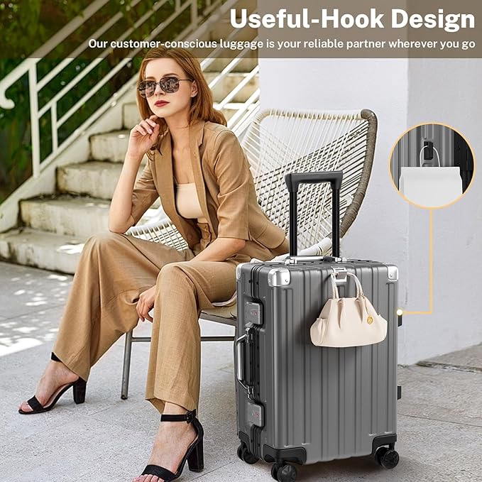 Krute Zipperless Luggage 24 Inch Aluminum Frame Suitcase with Spinner Wheels PC+ABS Hardide Checked Luggage TSA Approved No Zipper Travel Suitcase Gray