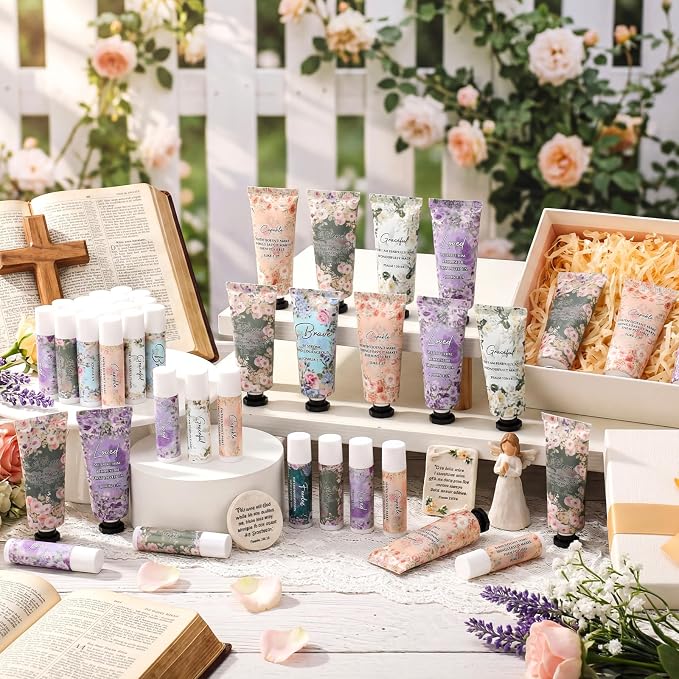 Loopeer 36 Sets Graduation Christian Hand Cream and Lip Balm Gift Set Christian Gift Bulk for Women Mothers Day Gifts for Church Travel Size Hand Lotion Bible Verse Lip Balm Bulk for Bridal Mom