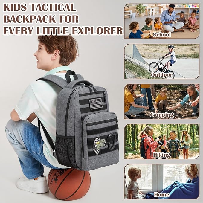 Kids Tactical Backpack Army Molle Bookbag Military Boys Backpack for School, Outdoor, Camping, Grey