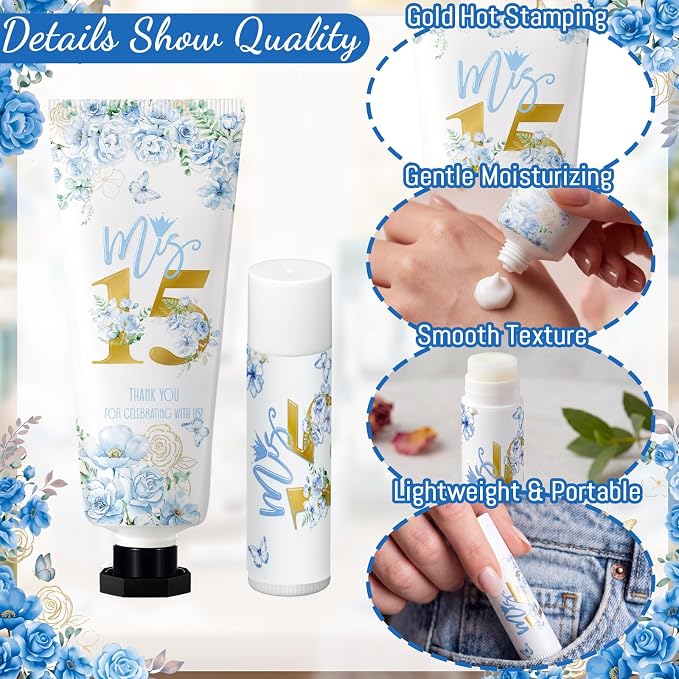 Leelosp 100 Pcs/50 Sets Blue Quinceanera Party Favor Gifts for Guests 15th Thank You Gifts Girl Hand Cream and Lip Balm Sweet 15th Birthday Party Favors for Guests