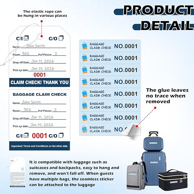 1000 Pcs Hotel Luggage Claim Tags 001 to 1000 with Strings 4-3/4 x 2-3/8 Inch with 8 Labels & Matching Numbers Durable Paper Baggage Check Tags with Stubs for Hotels Storage and Transport (1000)