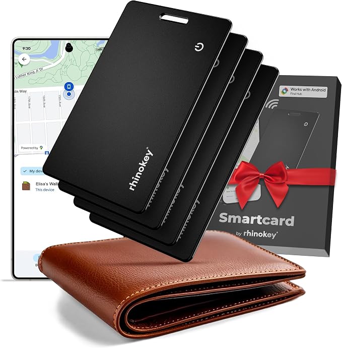 Rhinokey® Wallet Tracker Card (Android Only) 0.07in Slim Rechargeable Smart Tracking Card Works with Google's Find Hub IP68 Item Finder with Key Chain Hole for Luggage Tags (4 Pack - Android)