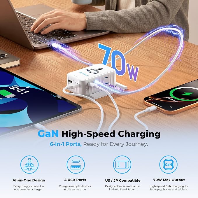 Aura 70W International Travel Adapter, 36mm Ultra-Slim 6-in-1 Universal Wall Charger, PD & QC 3.0 Fast Charging Essentials for Laptop, Phone, UK Europe USA Australia (Arctic White)