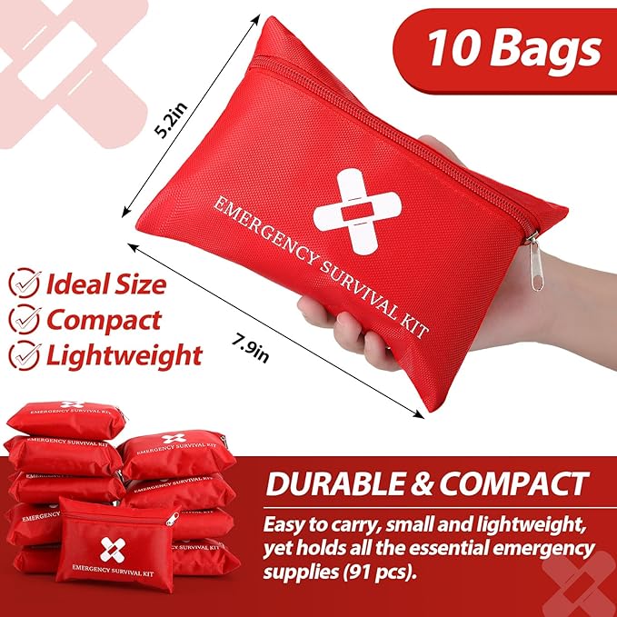 Geiserailie 10 Pack Mini First Aid Kit for Home Car Travel Camp Outdoor Graduation Sports Hiking Emergency Small First Aid Kit Travel Size Bulk Self Care Package, 10 Individual Bags of 91 Items Each