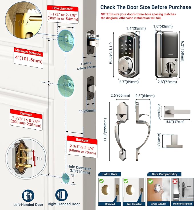 Veise VE06-H Smart Front Door Lock Set, App Control, Keyless Entry Deadbolt with Lever Handle, Electronic Digital Touchscreen Keypad, Auto Lock, Easy Install, Satin Nickel