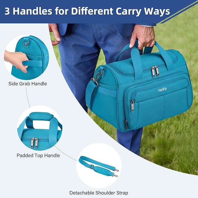 HanTrip Carry on Duffel Bag Foldable Duffle Bags for Travel, Under Seat Personal Item Bags for Airplanes, Weekender Overnight Mens Travel Tote Bag for Women Softside Carry on Luggage (Caribbean Blue)
