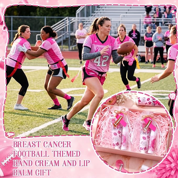 24 Sets Pink out Football Breast Cancer Awareness Favors Breast Cancer Awareness Gift Football Sports Themed Hand Cream Lip Balm Gift for Women Pins Pink Ribbon Travel Size Hand Lotion Lip Balm