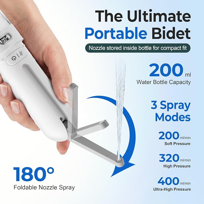 Electric Portable Bidet for Travel, Rechargeable for Women Postpartum, Period & Hygiene | 3 Pressure Modes, 260 Uses/Charge, IPX7 Waterproof, Foldable & Compact, Standard Bottle Fit, USB-C Charging, White
