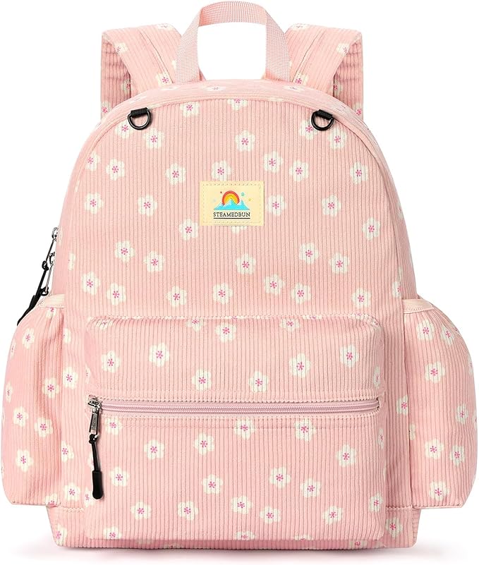 STEAMEDBUN Corduroy Kids Backpack for Girls and Boys 5-8: Girls Backpack for Elementary Kindergarten - 15 inch Cute Backpacks for Kids - Sakura