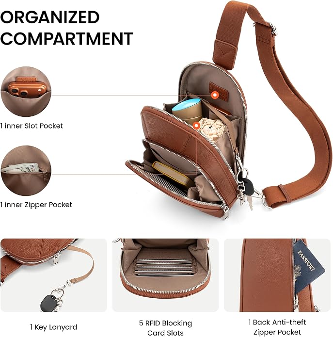 befen Genuine Leather Sling Bag for Women Anti Theft Crossbody Chest Bags Leather Fanny Packs for Travel with RFID Card Slots