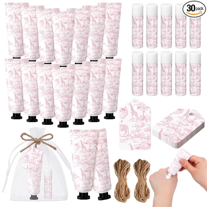 Qunclay 30 Sets Toile De Jouy Baby Shower Hand Cream and Lip Balm Gift Set Pink Chinoiserie Safari Animals Travel Size Hand Lotion Lip Balm Gifts Baby Bridal Shower Party Supplies for Guests