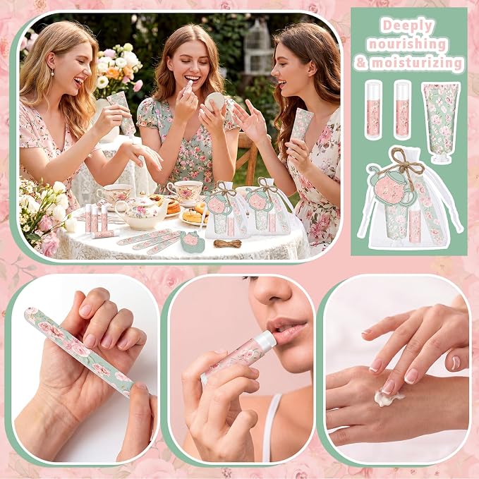 Leelosp 24 Sets Tea Party Hand Cream and Lip Balm Gift for Women Bulk Pink Floral Travel Size Hand Lotion Lip Balm Nail File Gifts Set Bridal Shower Wedding Party Supplies for Guests