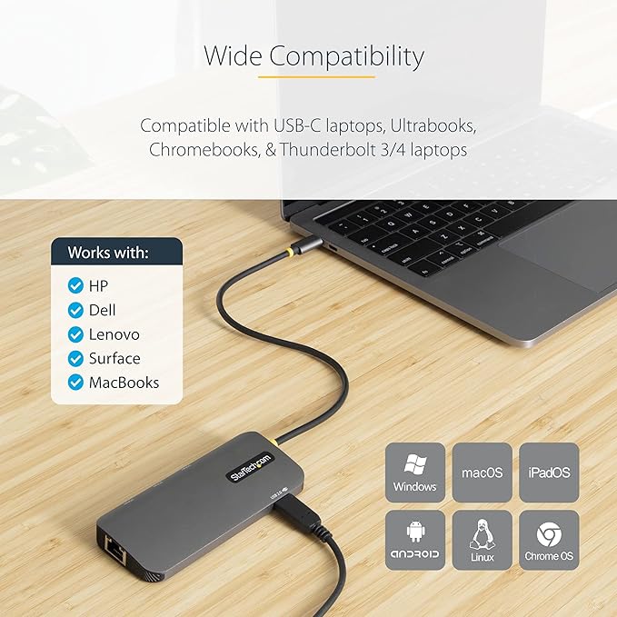 StarTech 6-in-1 USB-C Hub for Monitors, 4K 60Hz HDMI Video, HDR10, Gigabit Ethernet, USB 5Gbps Hub, 100W Laptop Charging with Cable Management for MacBook M1 M2 M3 M4 and Windows