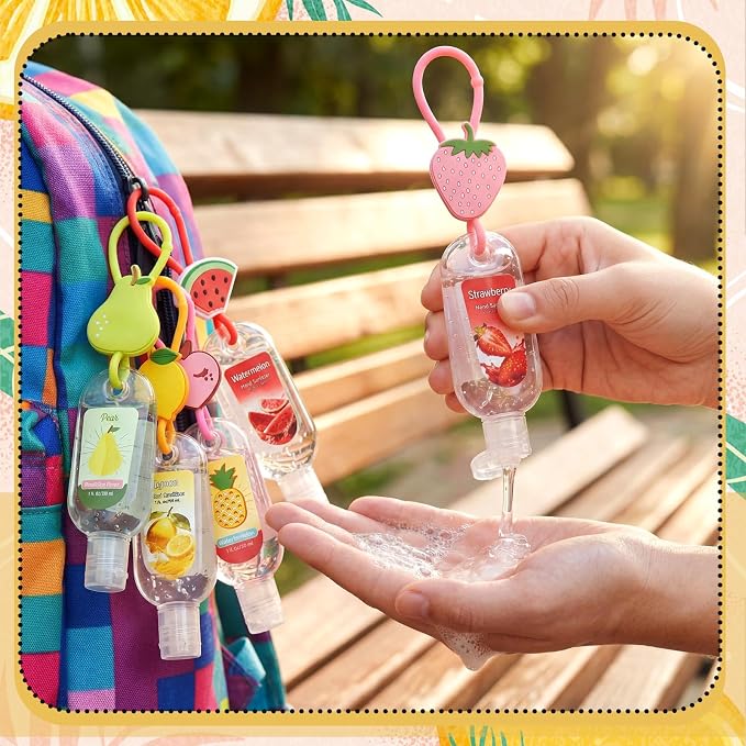24 Pack Fruit Scentend Hand Sanitizers with Cute Keychains Bulk Travel Size Mini Hand Sanitizer Gel 1oz Employee Appreciation Gifts Teacher Nurse Coworker Team Gifts Back to School Party Favor