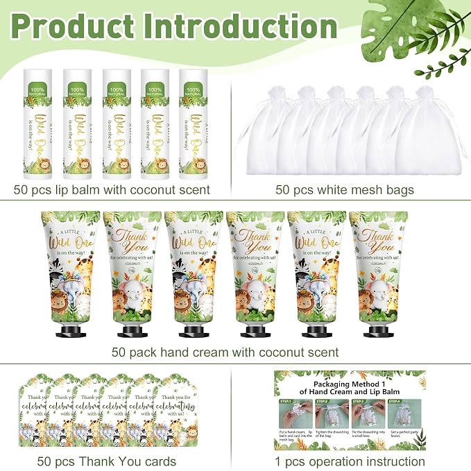 50 Pack Bulk Hand Cream and Bulk Lip Balm Gifts Sets, Baby Shower Favors and Bridal Shower Favors for Guests with Thank You Card and Organza Gift Bags, Birthday Gifts, Appreciation Gifts (Animal)