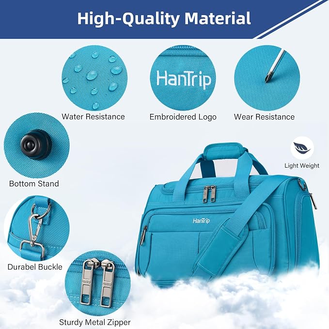 HanTrip Carry on Duffel Bag Foldable Duffle Bags for Travel, Under Seat Personal Item Bags for Airplanes, Weekender Overnight Mens Travel Tote Bag for Women Softside Carry on Luggage (Caribbean Blue)