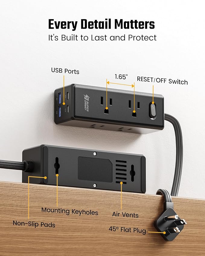 20 Ft Extension Cord with Multiple Outlets, Long Extension with 6 Outlets 4 USB Ports(2 USB C), Flat Plug Surge Protector Power Strip for Home, Office Supplies, Dorm Essentials, Black