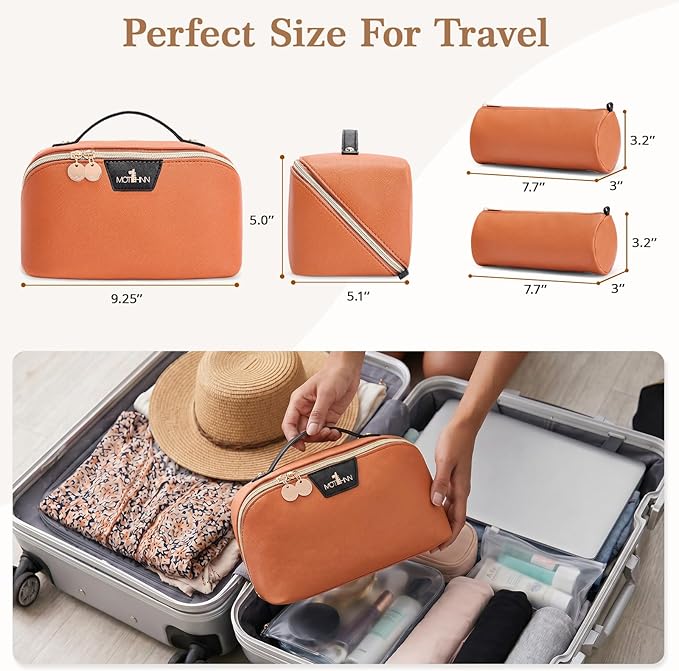 Travel Makeup Bag for Women: 3-in-1 Large Capacity Cosmetics Organizer with 2 Detachable Pouch - Vegan Leather Flat Open Toiletry Bag - Travel Essentials for Full-Sized Bottles(Orange)