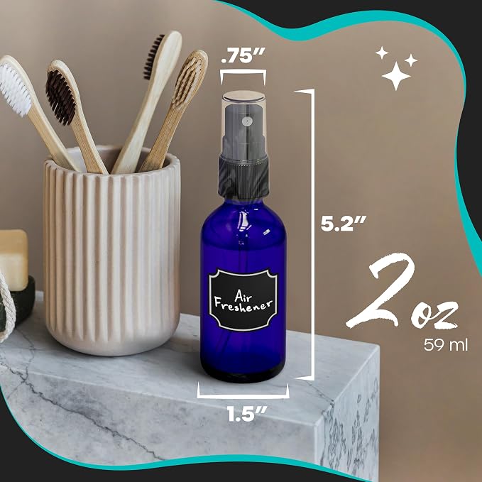 Nevlers Small Spray Bottle 2 Oz 48 Pack Blue Glass Spritzer Bottles | Mini Spray Bottle Mist Set w/ Labels, Marker, Funnel, Brush & Shrink Wrap | 2oz Glass Bottles for Oils, Scents & Travel Use