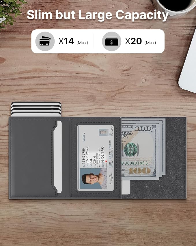 typecase Mens Wallet Card Holder: Pop Up Aluminum Case, Premium Genuine Leather, Smart, RFID Blocking, Slim, Minimalist, Front Pocket - 9-14 Cards Capacity | ID Window | Cash Slot (Deep Grey)