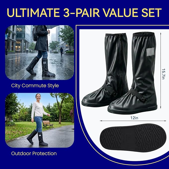 3Pair Reusable Waterproof Shoe Covers for Rain, Slip-Resistant Rain Boot Covers with Safety Reflector, Packable Galoshes & Overshoes for Men, Women, Cycling and Gardening (Black, Large) ﻿