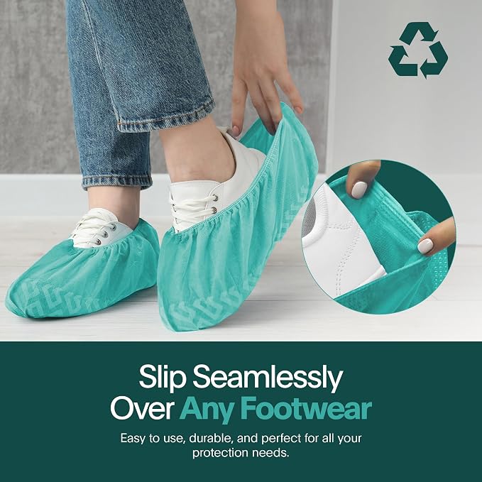 Premium Boot & Shoe Covers Disposable Booties - 50 Pack - Durable, Non-Slip, Non-Toxic, Water Resistant, Recyclable Protectors for Indoor & Outdoor - Large Size Fits Most Shoes