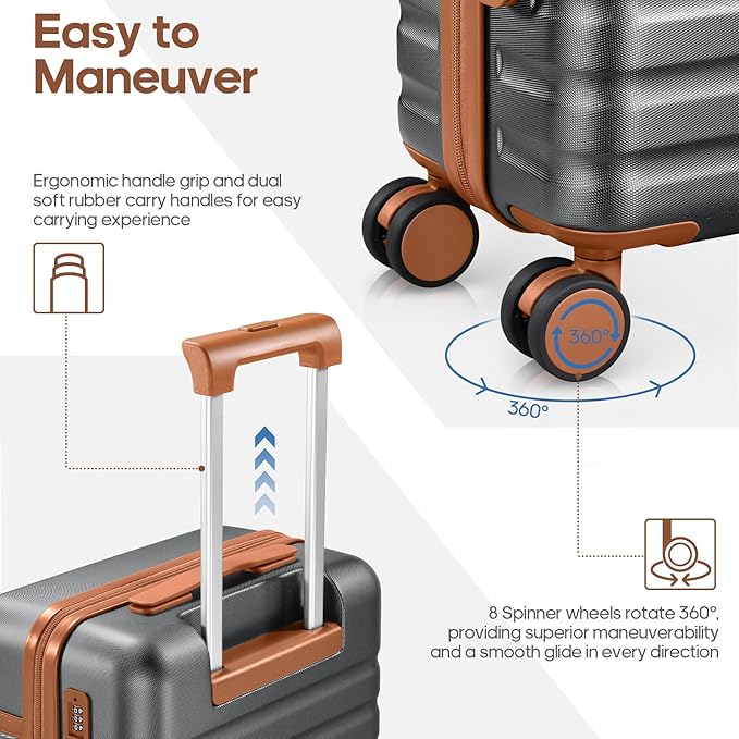 UKEIN Luggage Sets 3 Piece, Carry On Luggage 20In With Spinner Wheels,PC Hardside Suitcase Set with TSA Lock,Durable Carry On Suitcase With Travel Backpack for Men (Grey, 3 piece set (20inch))