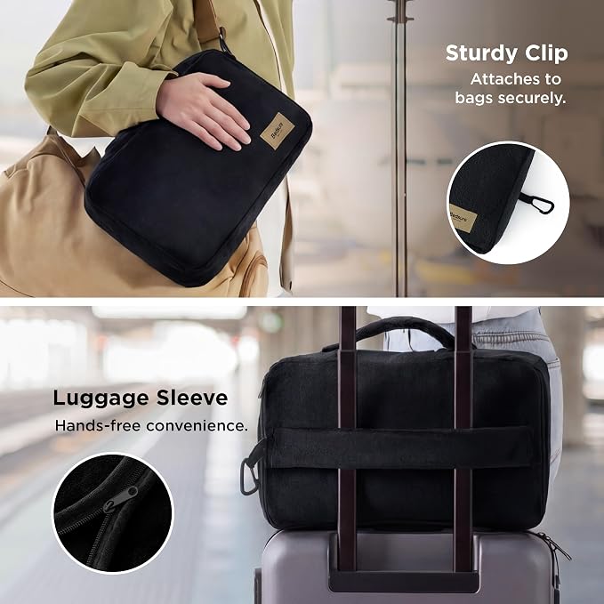 Bedsure Travel Blanket Set with Inflatable Neck Pillow and Eye Mask - Lightweight 3-in-1 Airplane Packable Blanket, Compact Travel Essentials, Black