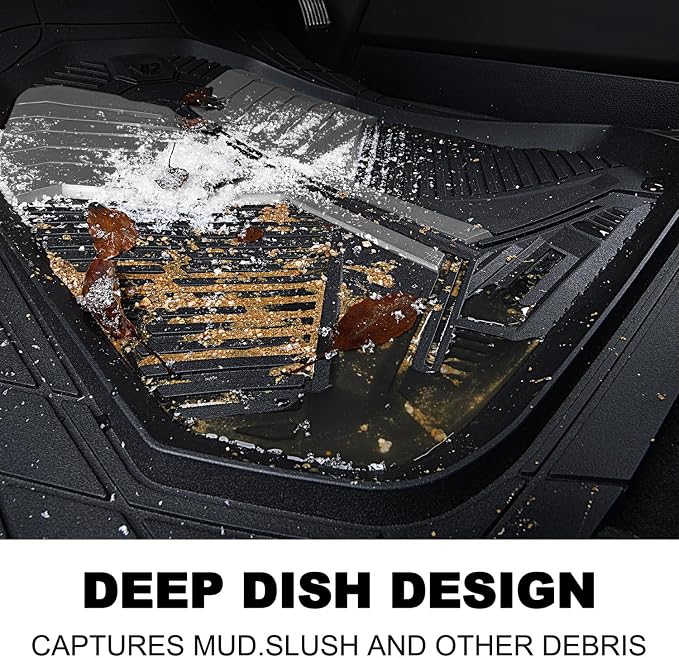 CAR PASS Heavy Duty Rubber Car Mats, Deep-Dish Car Floor Mats All Weather, Universal Two-Tone Trim-to-Fit for SUVs Trucks Sedans, Waterproof Anti-Slip, 3 Pieces V12 Black and Metallic Gray