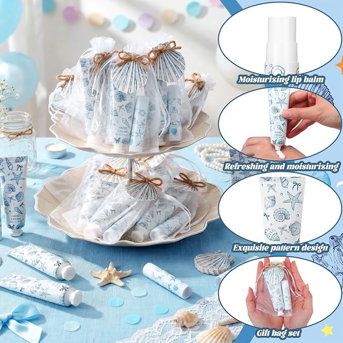 24 Sets Bow Seashells Themed Hand Cream and Lip Balm Gift Seashells and Wedding Bells Favors Bridal Shower Party Favors for Guest Travel Size Bulk Ocean Coastal Summer Baby Shower Party Supplies