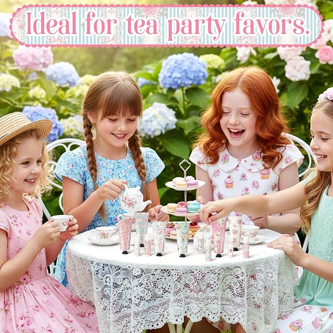 24 Sets Tea Party Favors Mini Hand Cream Lip Balm Bulk Gift Set for Women Wedding Party Favors for Guests Travel Size Hand Lotion Vintage Floral Moisturizing Lip Balm Gifts for Baby Shower
