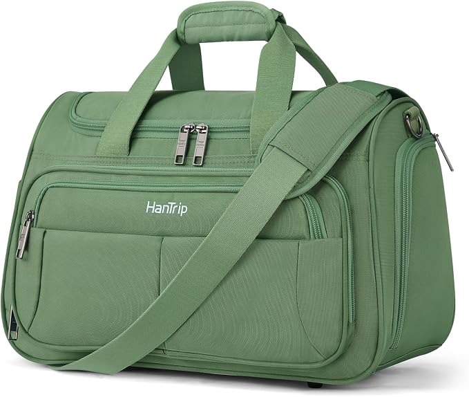 HanTrip Carry on Duffel Bag Foldable Duffle Bags for Travel, Under Seat Personal Item Bags for Airplanes, Weekender Overnight Mens Travel Tote Bag for Women Softside Carry on Luggage (Forest Green)