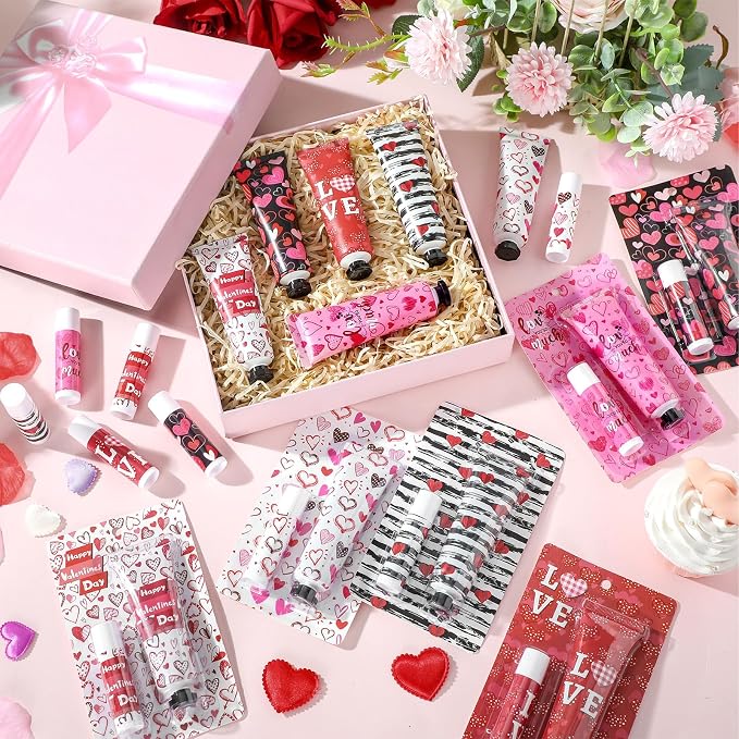 Loopeer 36 Sets Valentine's Day Hand Cream Lip Balm Bulk Gifts Galentine's Day Gift Valentine Party Favor Love Heart Mini Travel Size Moisturizing Hand Lotion for Women Coworker Teacher Nurse, 30 ml