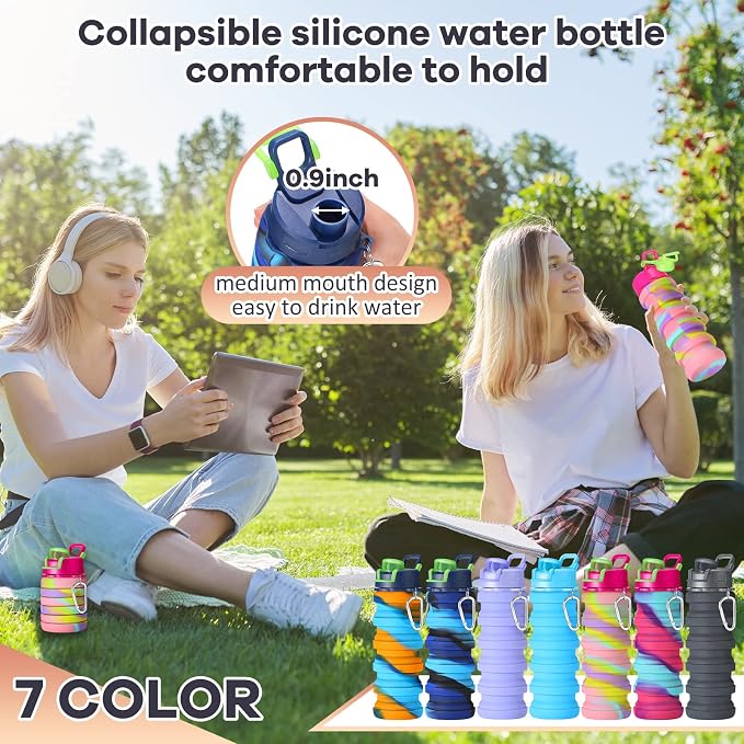 Sunnyray 14 Pack Collapsible Water Bottles Bulk with Hooks 17oz Reusable Leakproof Silicone Sport Foldable Water Bottle for Travel Camping Hiking Cycling Outdoor Party Favors(Dark Color)