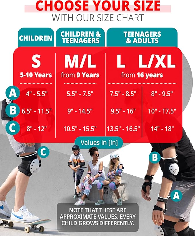 SKATEWIZ Skateboard Pads Protective Gear Set for Kids and Adults - Smash - Roller Skate Pads [6pc] with Wrist Guards - Skating Protective Gear - Roller Derby