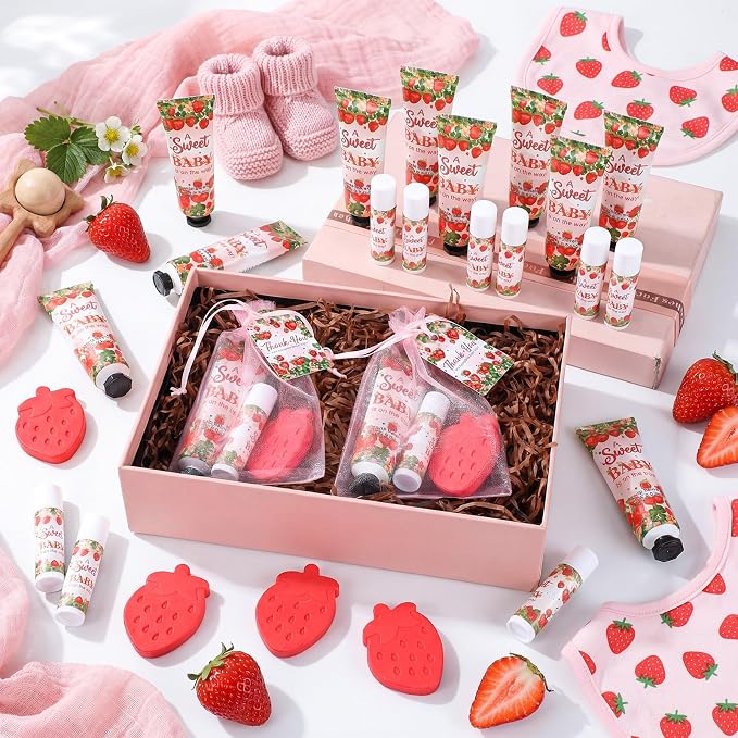 Loopeer 30 Set/150 Pcs Strawberry Baby Shower Favors for Guests Gifts Hand Cream Lip Balm Soap Party Favors Travel Size with Bags, Thanks You Card for Games Prizes Souvenirs