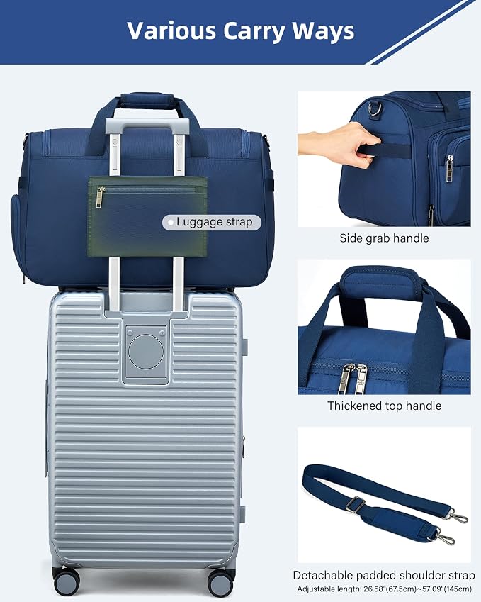 HanTrip Carry on Duffel Bag Foldable Duffle Bags for Travel, Large Personal Item Bags for Airplanes, Weekender Overnight Mens Travel Tote Bag for Women Softside Carry on Luggage (Blue)