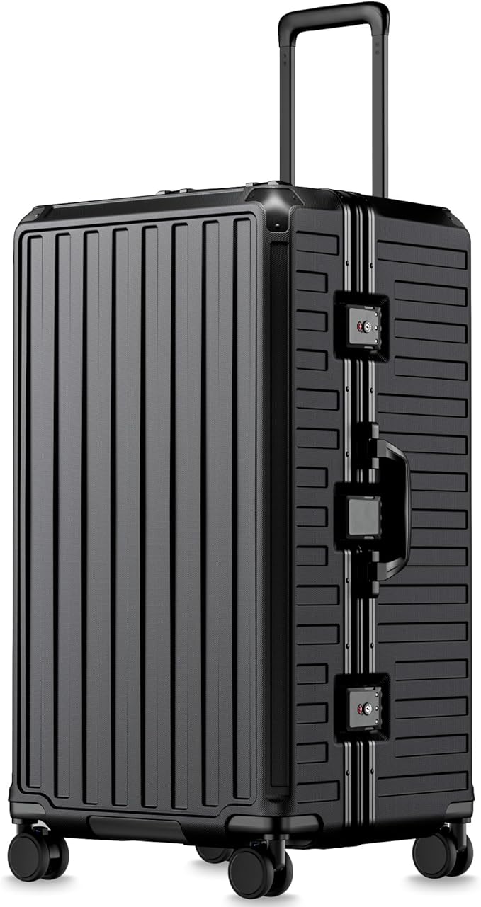 LUGGEX Checked Suitcase with Spinner Wheels, 8010S Aluminum Frame Zipperless Polycarbonate Hard Shell Suitcase (ZX-Core, Black, 30 Inch)
