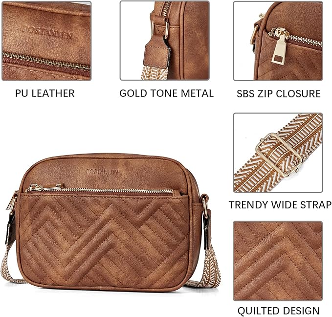 BOSTANTEN Quilted Crossbody Bags for Women Vegan Leather Purses Shoulder Handbags with Wide Strap