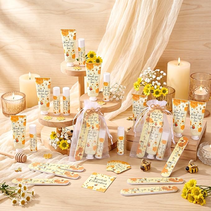 Leelosp 50 Sets Honey Hand Cream Baby Shower and Lip Balm Gift Bulk Bee Themed Travel Size Hand Lotion Lip Balm Nail File Gifts Set Baby Shower Birthday Party Supplies for Guests