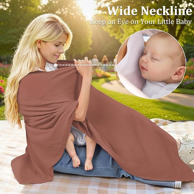 Muslin Nursing Cover Up for Breastfeeding, Soft & Breathable Cotton Breast Feeding Cover for Women, Full Privacy Breastfeeding Cover - Newborn Baby Essential, Red Brown