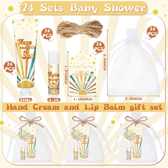 24 Sets Here Comes The Sun Baby Shower Gifts Here Comes The Sun Hand Cream and Lip Balm Baby Shower Party Favors for Guest Travel Size Hand Lotion and Lip Balm Bulk Birthday Party Supplies