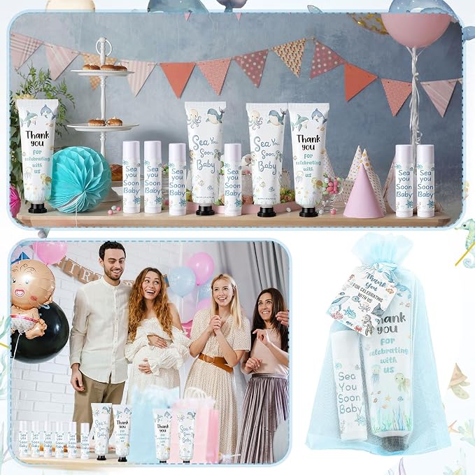 Loopeer 50 Set / 200 Pcs Sea You Soon Baby Shower Favor Bulk Hand Cream Lip Balm Gifts for Guests with Thank Cards Organza Bag Thank You for Celebrating with Us Ocean Animal