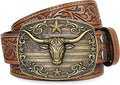 SANSTHS Western Cowboy Belts for Men Women, Mens Western Belt Bull Buckle Country Belt Cowboy Leather Belt for Jeans