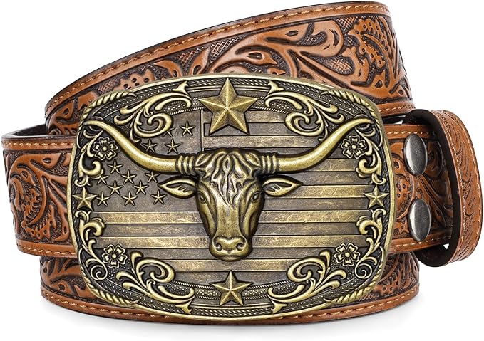 SANSTHS Western Cowboy Belts for Men Women, Mens Western Belt Bull Buckle Country Belt Cowboy Leather Belt for Jeans